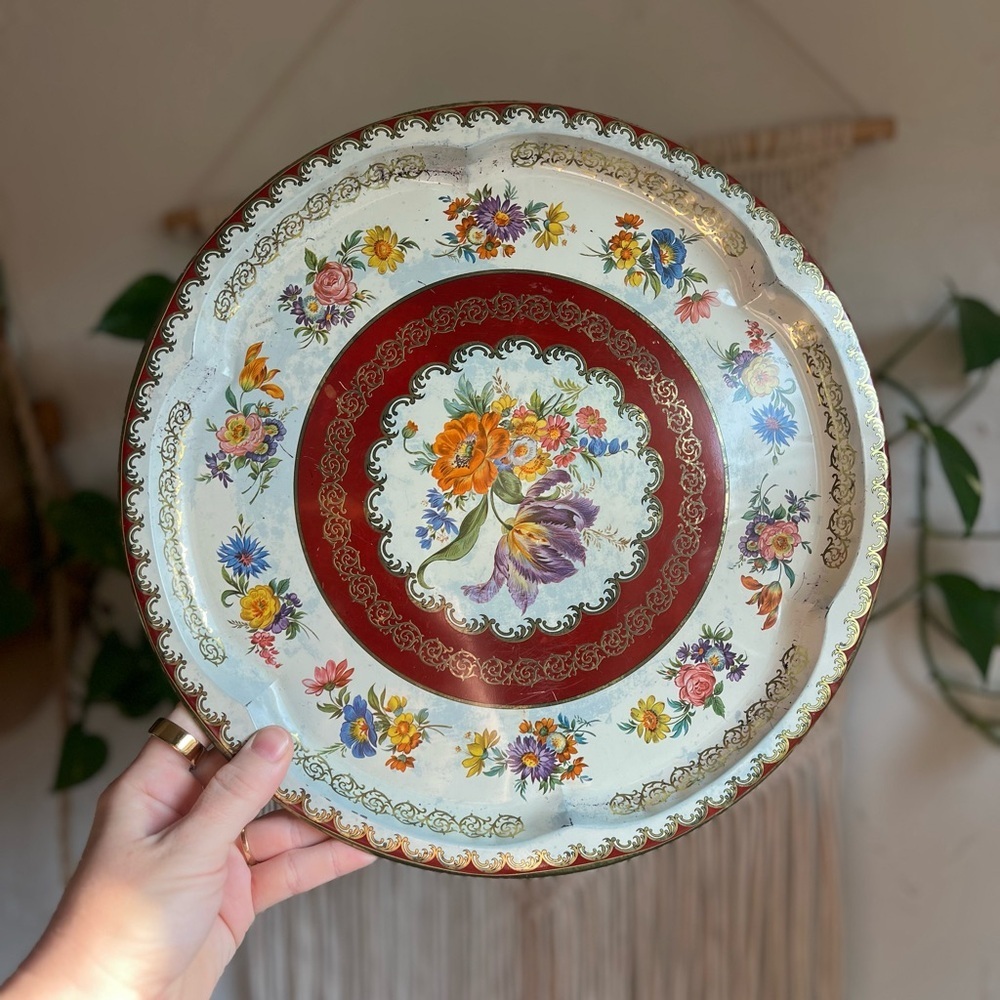 Vintage Daher Floral Metal Tray Red Gold Cottagecore Serving Tray England 12.5”